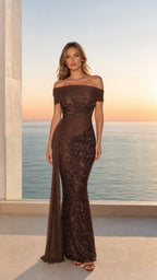 Front view of brown off-shoulder sequin mermaid evening gown