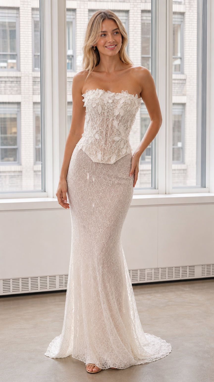 Front view of white strapless 3D floral lace mermaid evening dress