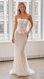 Front view of white strapless 3D floral lace mermaid evening dress