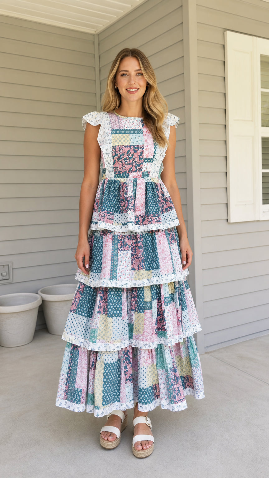 Full front view of model wearing multi patchwork tiered maxi dress