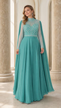 Front view of teal beaded high-neck evening dress with cape sleeves