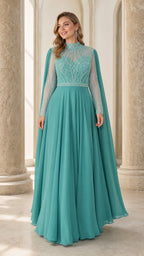 Front view of teal beaded high-neck evening dress with cape sleeves