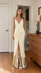Front view of cream draped maxi dress with sequin hem