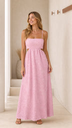 Front view of pink textured cutout maxi dress