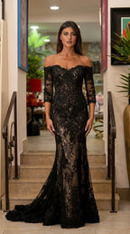 Front view of black off-shoulder lace mermaid evening gown