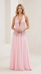 Front view of pink halter plunge evening gown