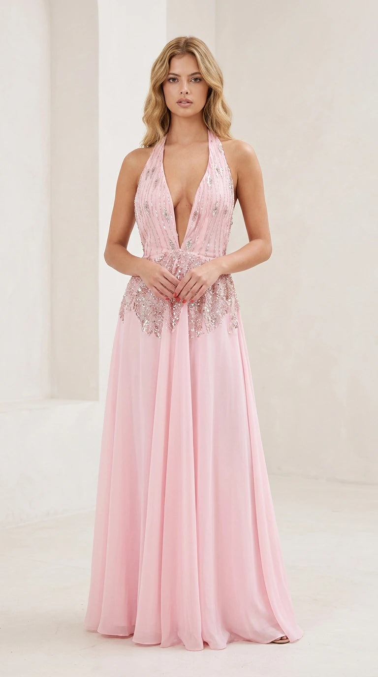 Front view of pink halter plunge evening gown