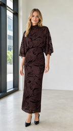 Front view of Dark Brown mock neck sequin floral maxi dress