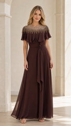 Front view of brown beaded capelet maxi dress