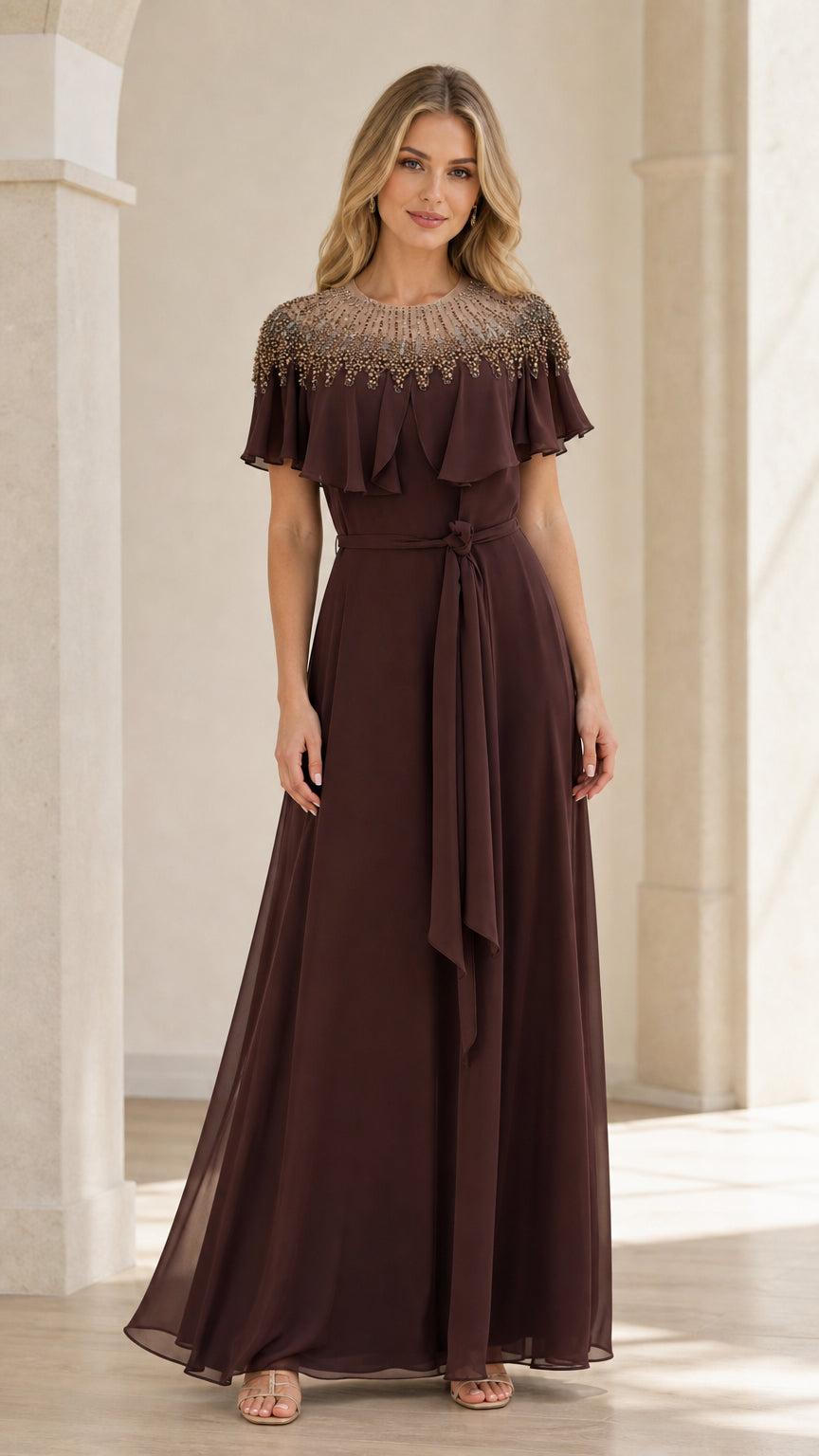 Front view of brown beaded capelet maxi dress