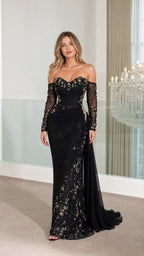 Full front view of black off-the-shoulder crystal embellished evening gown