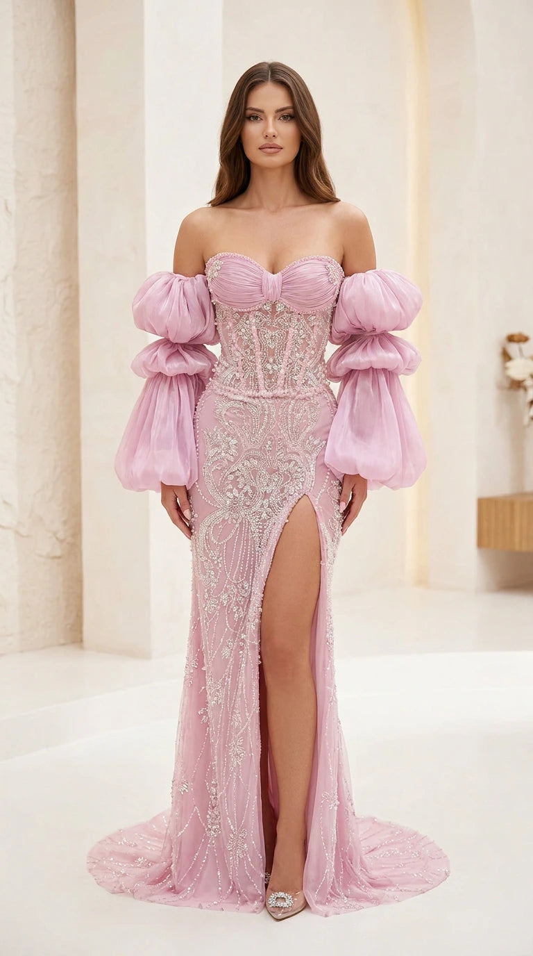 Full front view of pink off-shoulder beaded corset evening dress