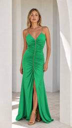 Green Ruched Rhinestone Strap Maxi Dress Front View