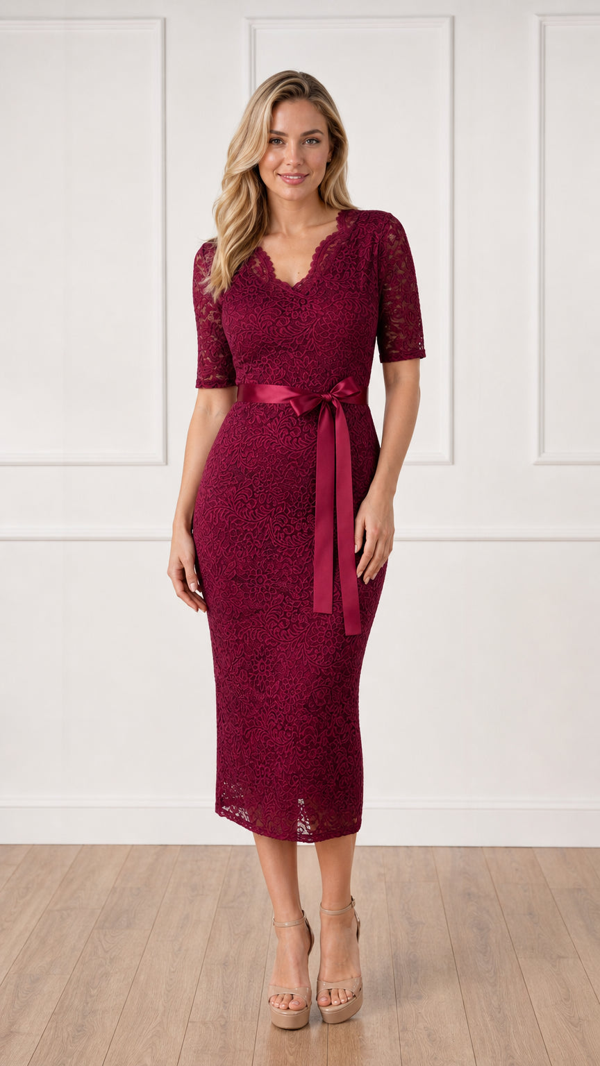 Front full view of burgundy lace midi dress with satin belt