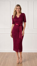 Front full view of burgundy lace midi dress with satin belt