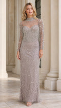 Front view of model wearing silver grey beaded evening gown