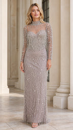 Front view of model wearing silver grey beaded evening gown