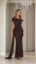 Full front view of brown off-shoulder sequin evening gown with draped sash