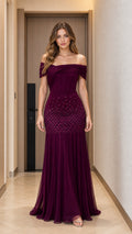 Front view of burgundy off-shoulder evening gown