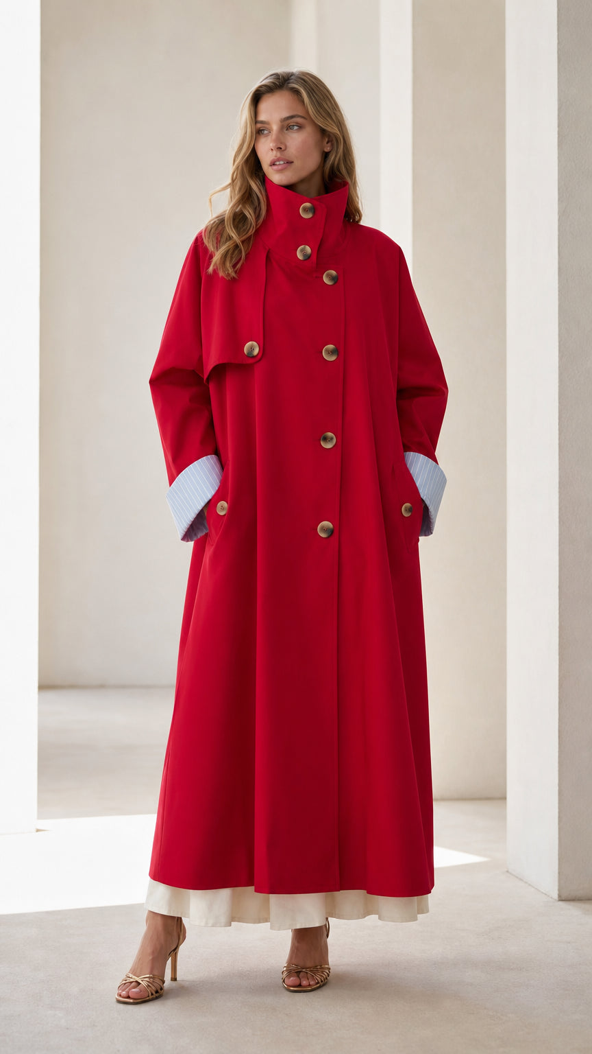 Front view of woman wearing a long red trench coat with contrast cuffs