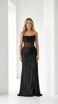 Front view of black sequin strapless corset evening gown
