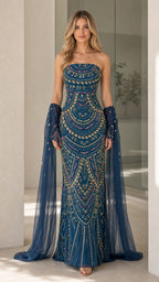 Front view of teal blue beaded strapless evening gown with matching stole