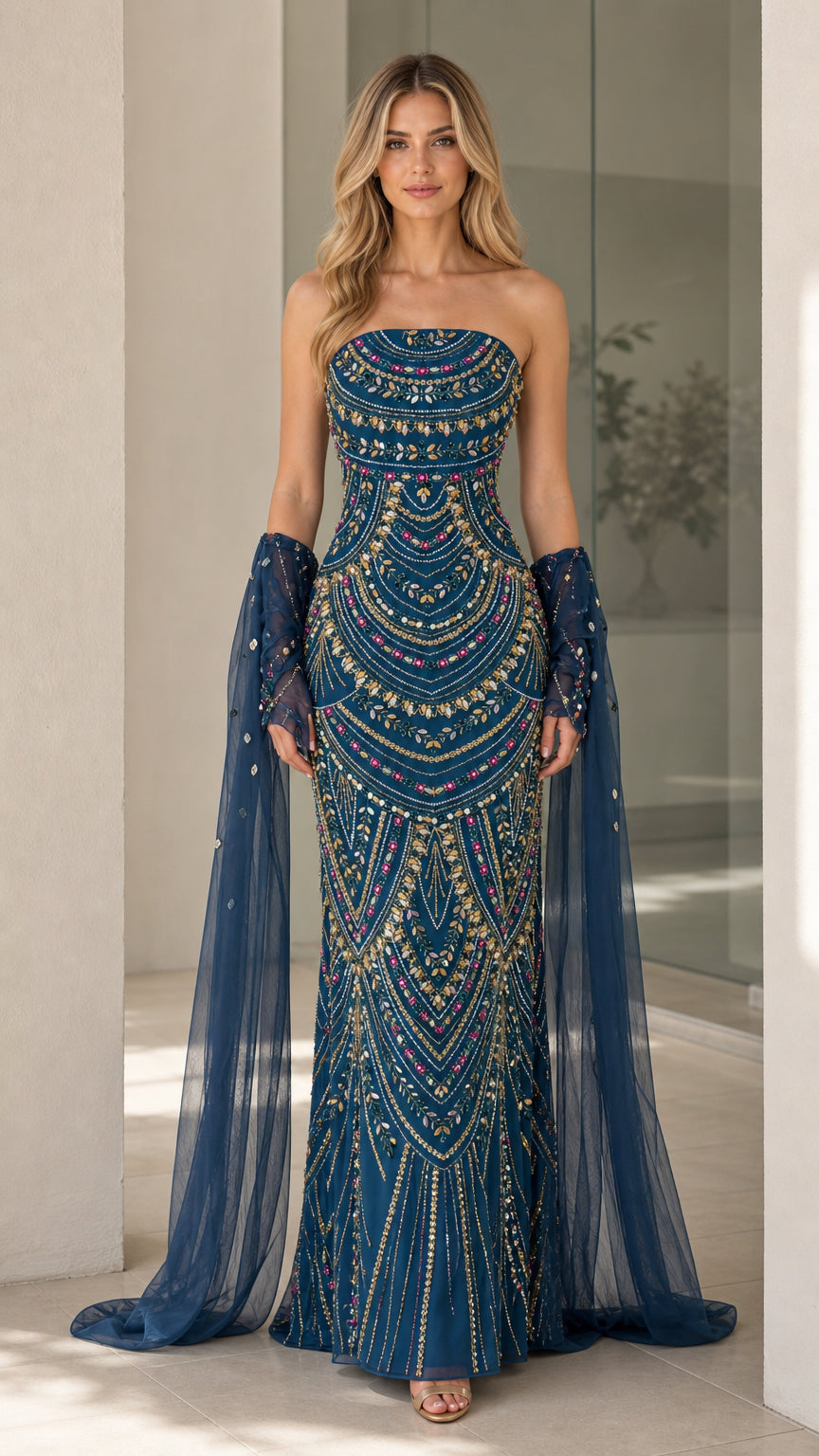 Front view of teal blue beaded strapless evening gown with matching stole