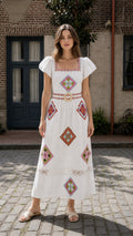 Front view of White Bohemian Geometric Embroidered Square Neck Maxi Dress