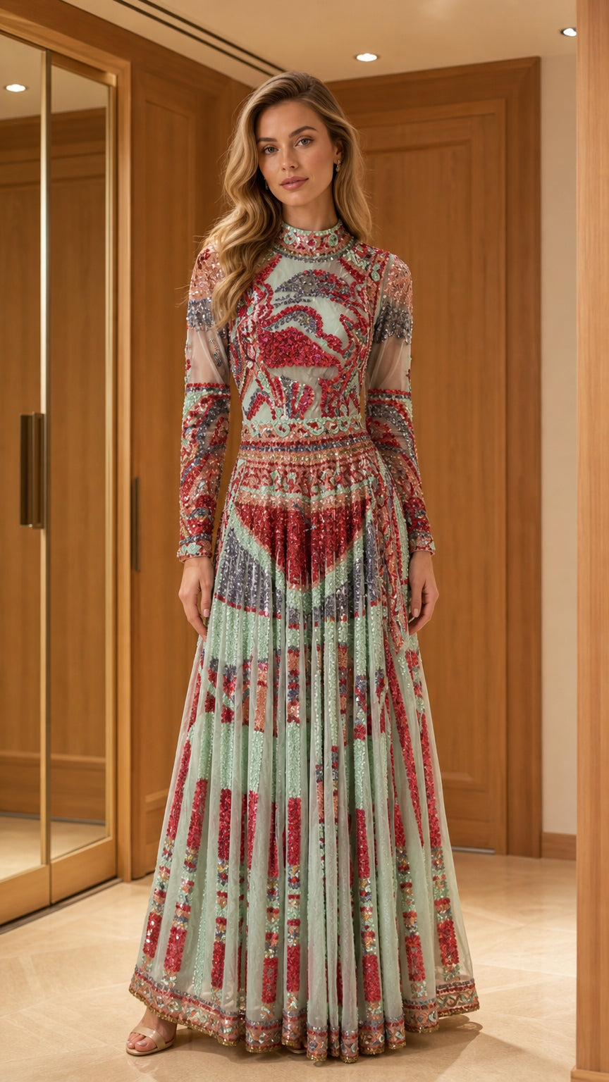 Mint embellished long sleeve evening gown front view