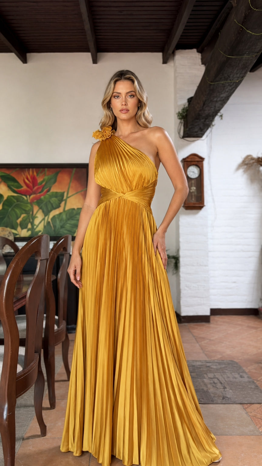 Front view of yellow one-shoulder pleated maxi dress