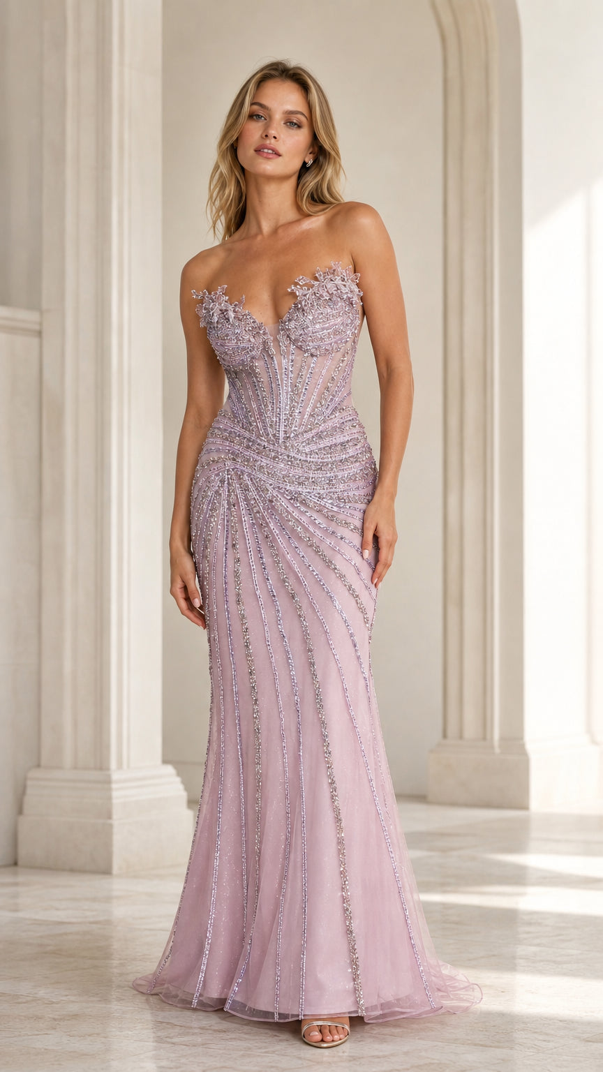Front view of lavender beaded strapless mermaid evening gown