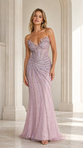 Front view of lavender beaded strapless mermaid evening gown