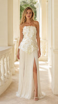 Front view of ivory sequin strapless fringe maxi dress