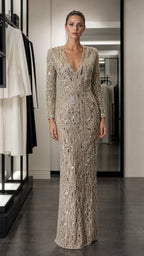 Front view of champagne sequined long-sleeve evening gown