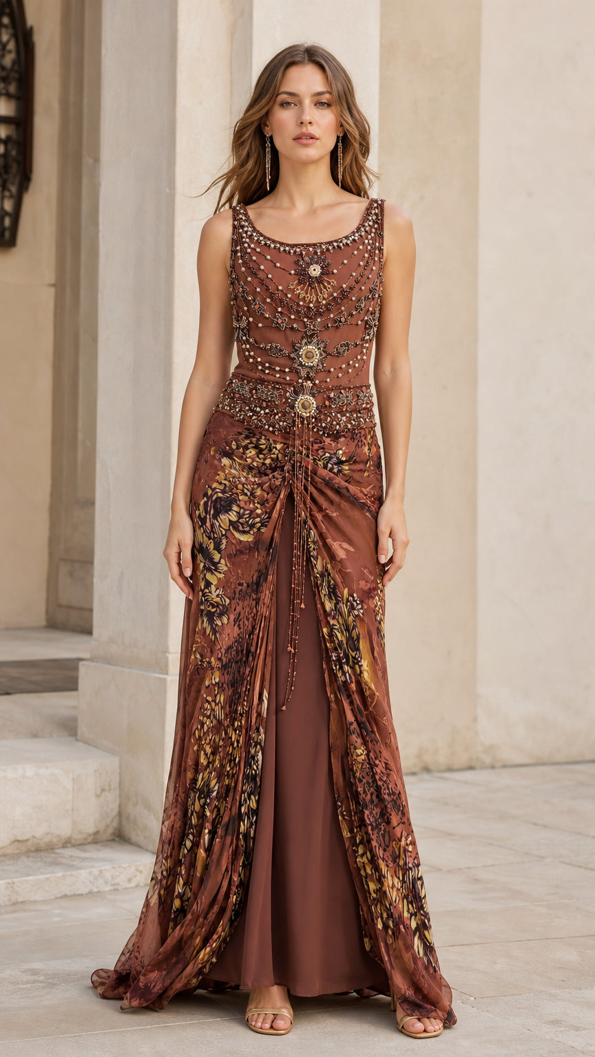 Front view of model wearing brown beaded evening dress