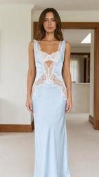 Front view of light blue satin lace trim maxi slip dress
