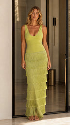 Front view of lime tiered fringe maxi dress