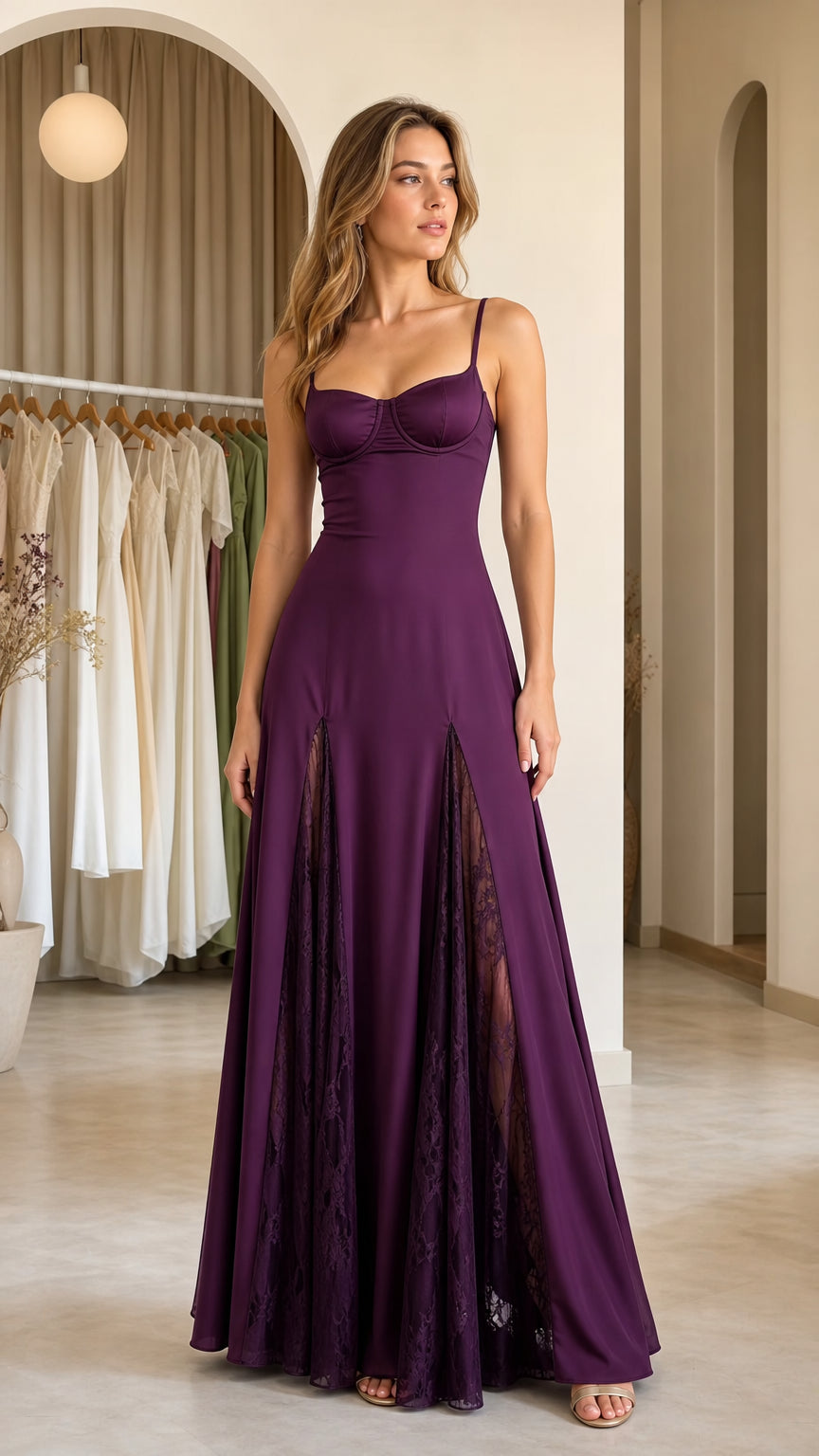 Front view of purple elegance lace insert cami maxi dress