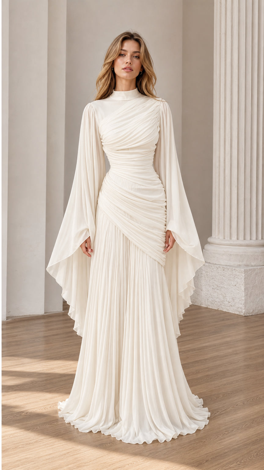 Front view of Ivory ruched high-neck maxi dress with dramatic cape sleeves