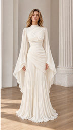 Front view of Ivory ruched high-neck maxi dress with dramatic cape sleeves