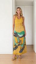 Front view of yellow landscape knit maxi dress