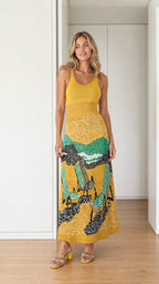Front view of yellow landscape knit maxi dress