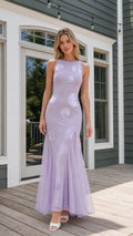Front view of lavender sequin polka dot maxi dress