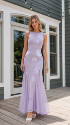 Front view of lavender sequin polka dot maxi dress
