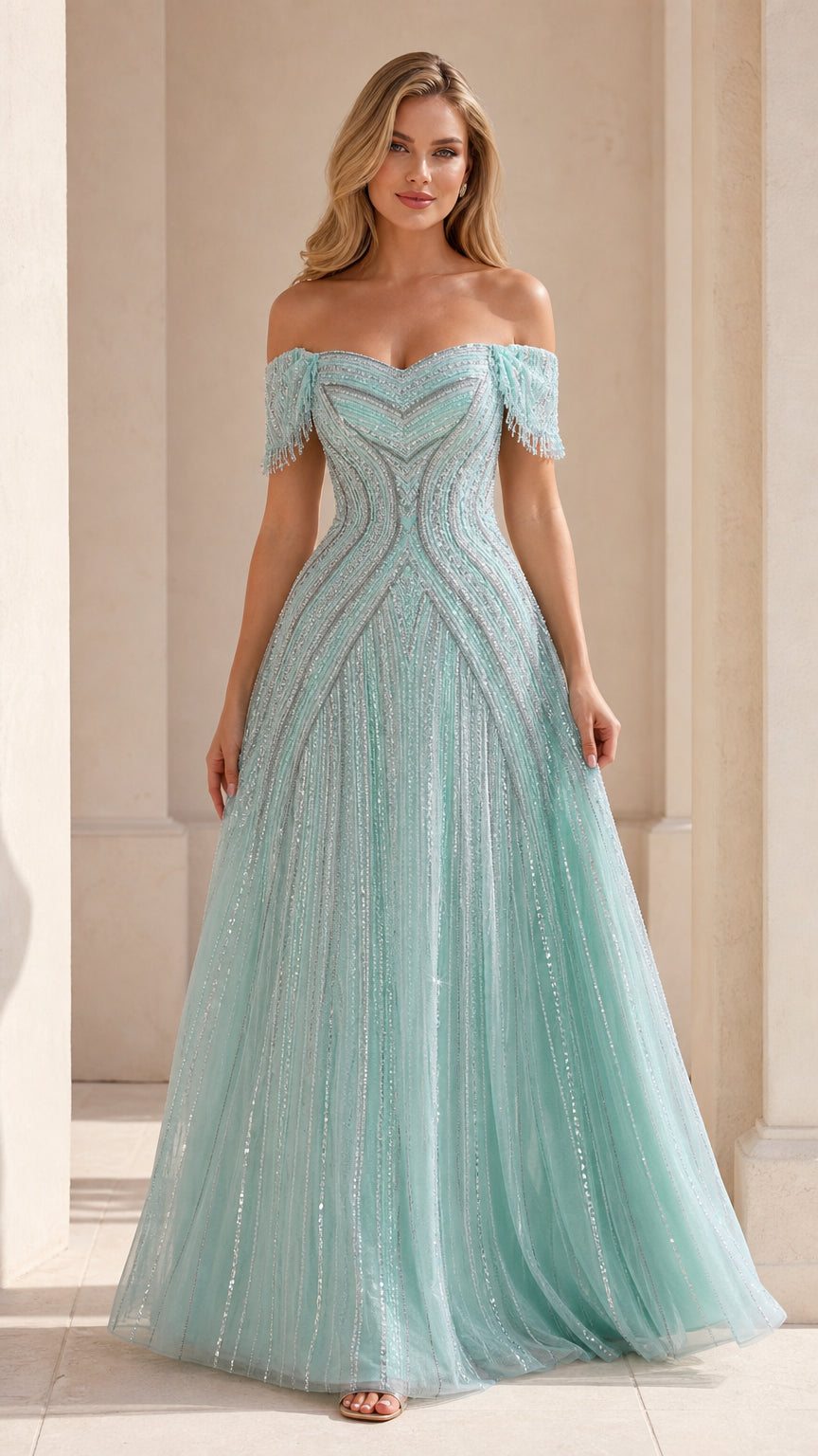 Front view of mint off-the-shoulder evening gown