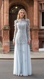 Front view of light blue lace and tulle maxi dress