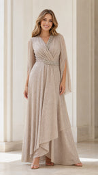 Front view of model wearing champagne rhinestone evening dress