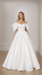 Front view of woman wearing white off-the-shoulder puff sleeve satin ball gown