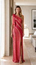 Front view of red one-shoulder sequin maxi dress