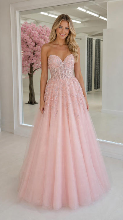 Front view of pink sweetheart tulle ball gown prom dress